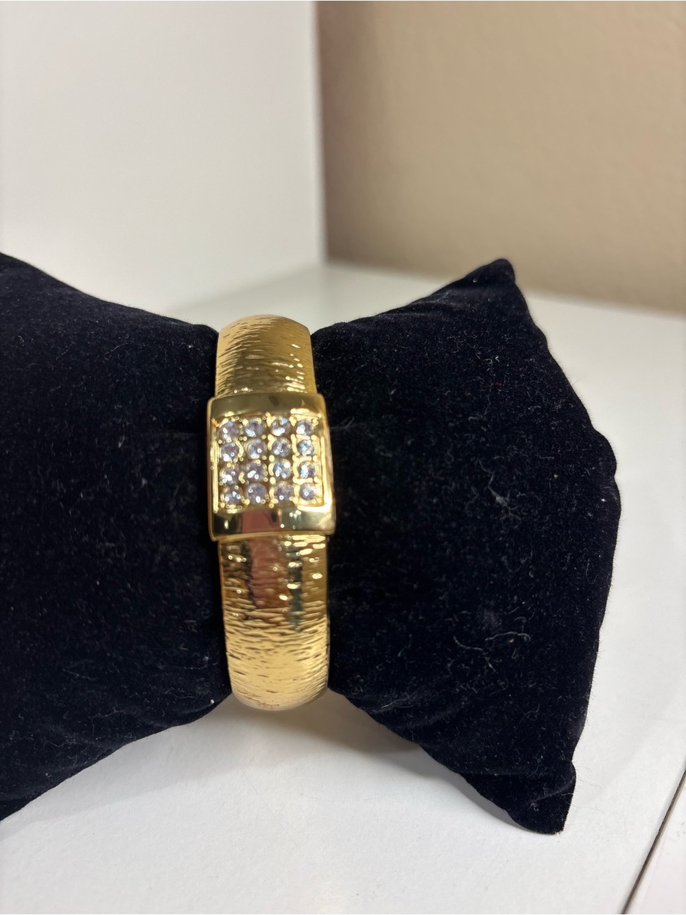 Gold Textured Rhinestone Hinged Bangle Bracelet Pavé Statement Vintage